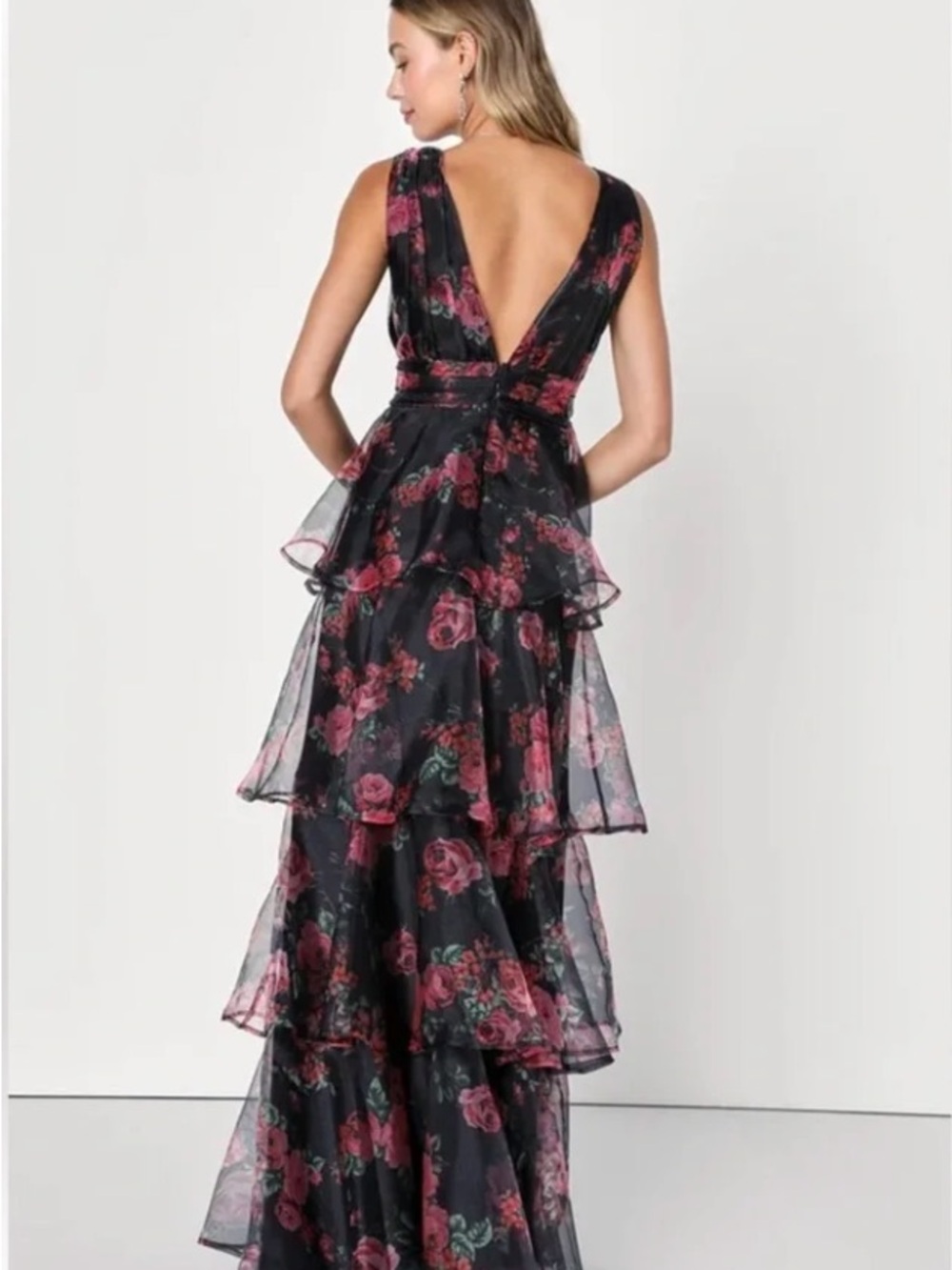 Lulus Black Floral Ruffle V-Neck Dress (NWT) - Picture 10 of 10